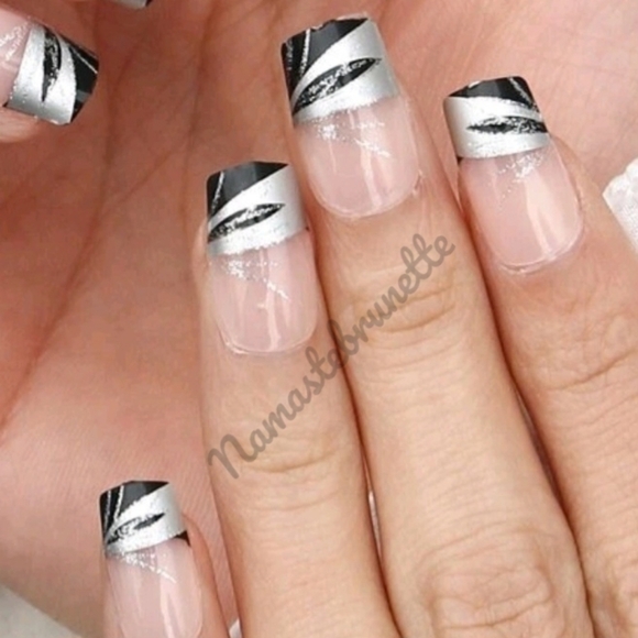 2/$16 Black & Silver French Manicure Press On Nails - Picture 3 of 9